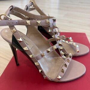 Valentino Garavani Blush Pink Leather Studded T-Strap Heels
